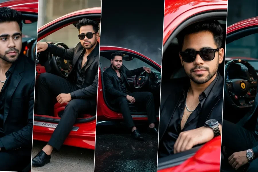“Cinematic AI-generated portrait of a stylish man in a black suit posing with a red luxury sports car, hyper-realistic fashion photography lighting”