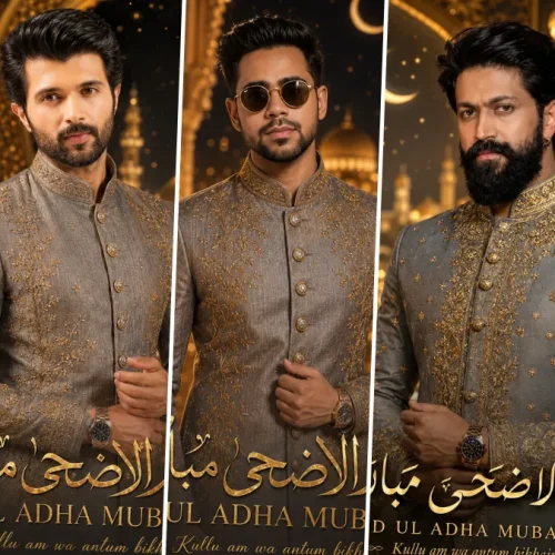 Luxury Eid Ul Adha AI portrait of stylish Muslim men wearing embroidered sherwani with cinematic Islamic background