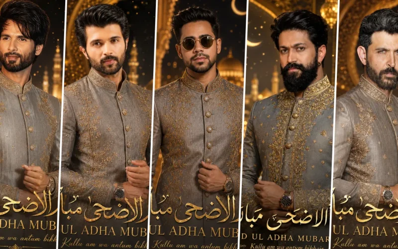 Luxury Eid Ul Adha AI portrait of stylish Muslim men wearing embroidered sherwani with cinematic Islamic background