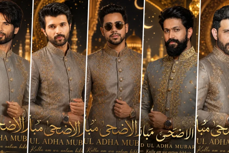 Luxury Eid Ul Adha AI portrait of stylish Muslim men wearing embroidered sherwani with cinematic Islamic background