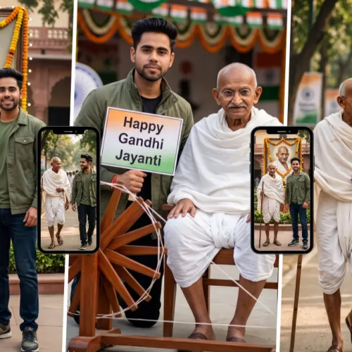 Young Indian man standing with Mahatma Gandhi during a Gandhi Jayanti tribute celebration