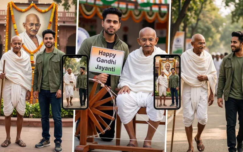 Young Indian man standing with Mahatma Gandhi during a Gandhi Jayanti tribute celebration