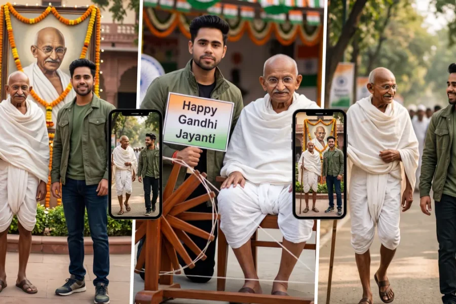 Young Indian man standing with Mahatma Gandhi during a Gandhi Jayanti tribute celebration