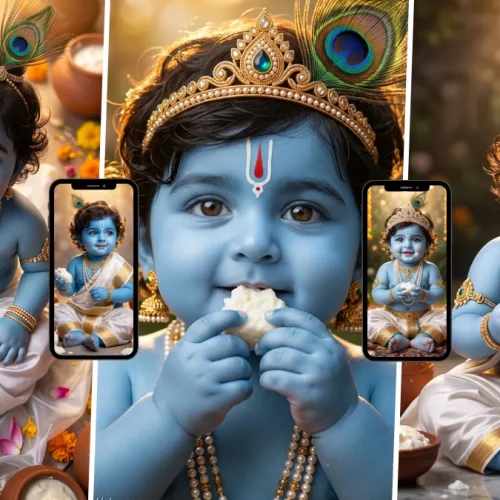 Cute baby Lord Krishna wearing a jeweled peacock feather crown and eating white butter beside decorated clay pots