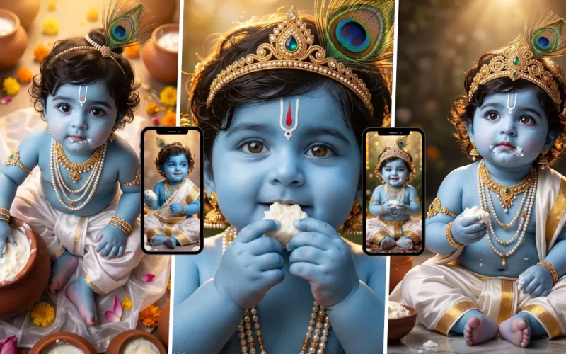 Cute baby Lord Krishna wearing a jeweled peacock feather crown and eating white butter beside decorated clay pots