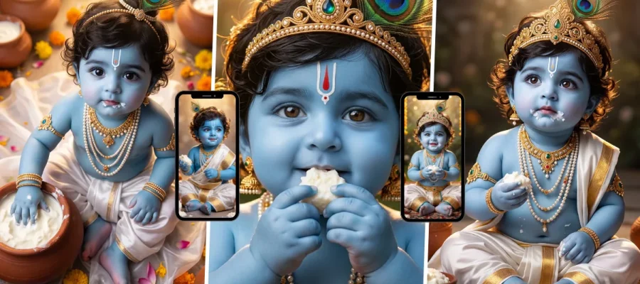 Cute baby Lord Krishna wearing a jeweled peacock feather crown and eating white butter beside decorated clay pots