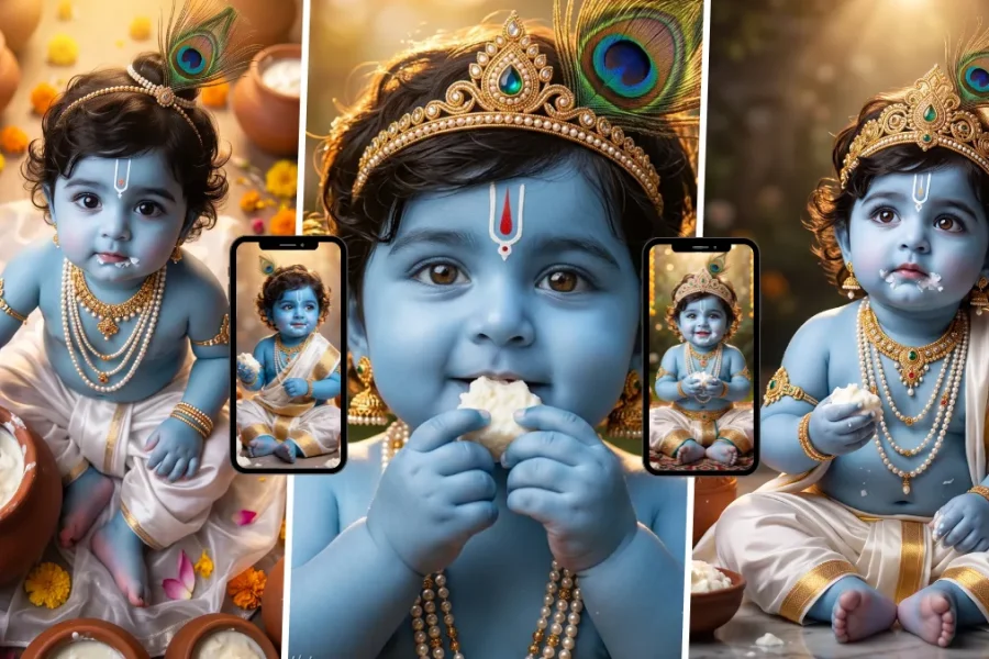 Cute baby Lord Krishna wearing a jeweled peacock feather crown and eating white butter beside decorated clay pots