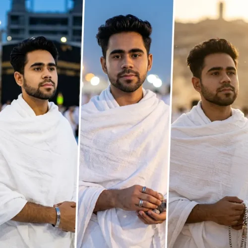 Muslim boy wearing Ihram in Makkah with cinematic AI-generated Umrah portrait photography