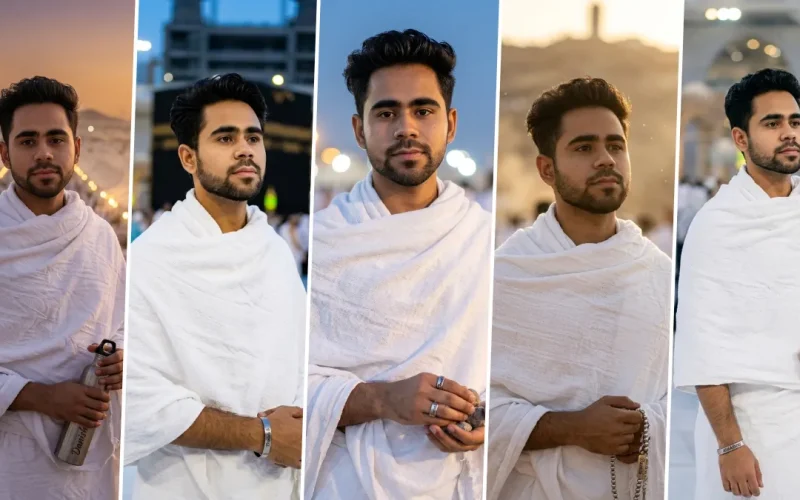 Muslim boy wearing Ihram in Makkah with cinematic AI-generated Umrah portrait photography