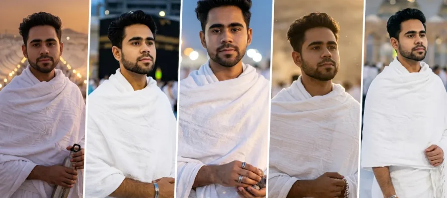 Muslim boy wearing Ihram in Makkah with cinematic AI-generated Umrah portrait photography