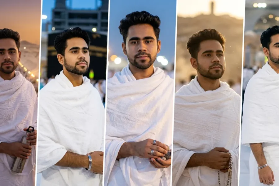 Muslim boy wearing Ihram in Makkah with cinematic AI-generated Umrah portrait photography