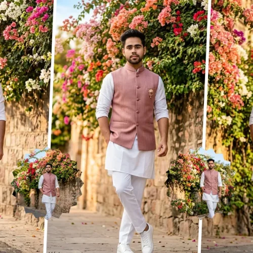 Ultra realistic AI generated Indian male model wearing a pink Nehru jacket and white kurta in an outdoor floral street setting with professional fashion photography and cinematic lighting.