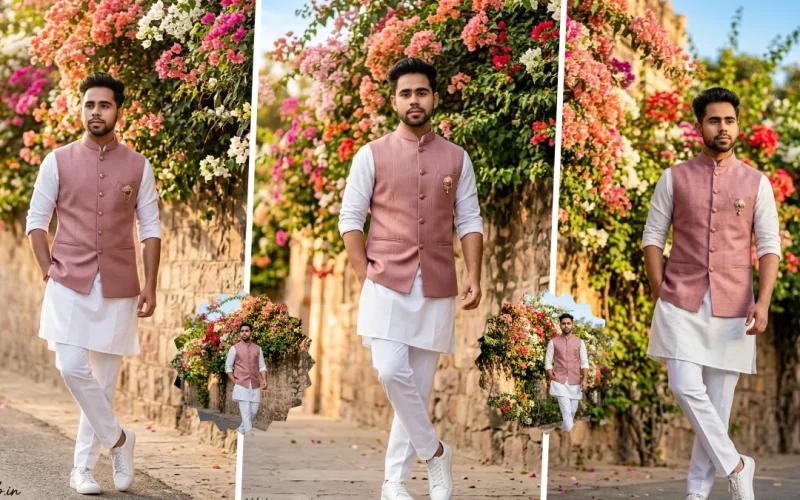 Ultra realistic AI generated Indian male model wearing a pink Nehru jacket and white kurta in an outdoor floral street setting with professional fashion photography and cinematic lighting.