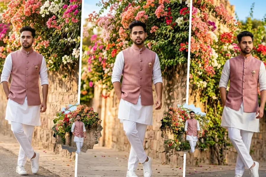 Ultra realistic AI generated Indian male model wearing a pink Nehru jacket and white kurta in an outdoor floral street setting with professional fashion photography and cinematic lighting.