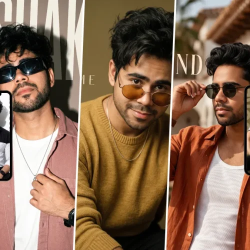 Stylish men wearing modern fashion outfits and sunglasses in AI-generated portraits