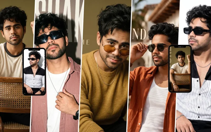 Stylish men wearing modern fashion outfits and sunglasses in AI-generated portraits