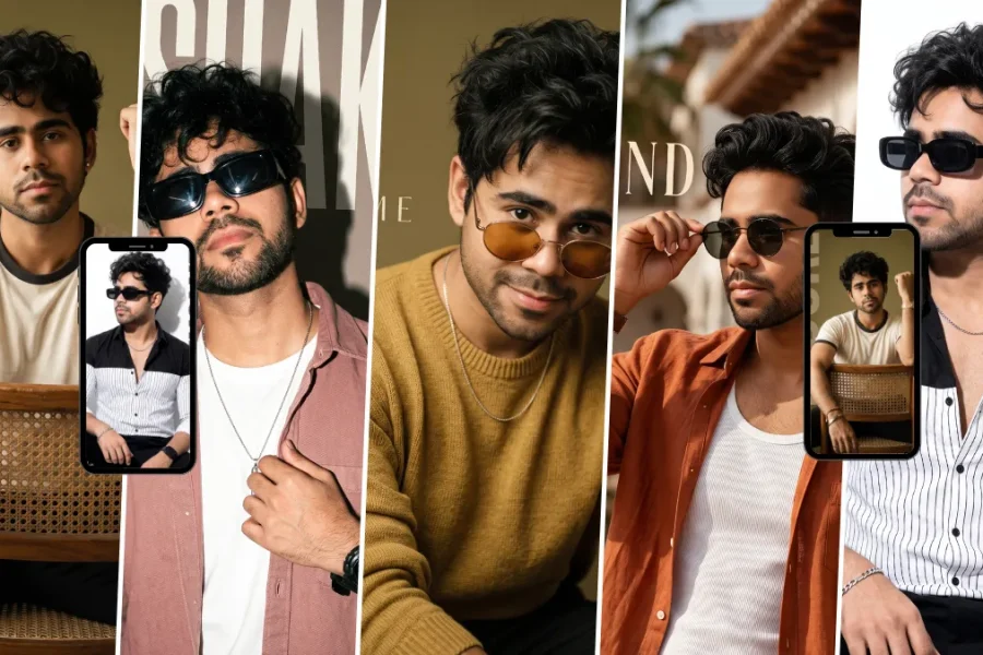 Stylish men wearing modern fashion outfits and sunglasses in AI-generated portraits