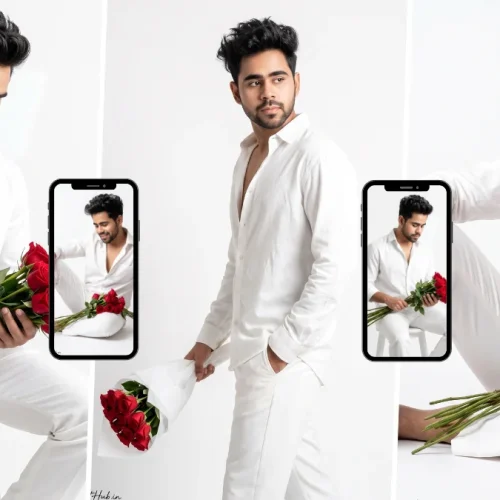 Stylish young man wearing a white outfit and holding a bouquet of red roses in a bright minimalist portrait
