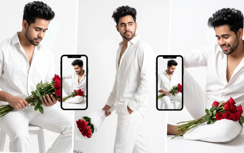 Stylish young man wearing a white outfit and holding a bouquet of red roses in a bright minimalist portrait