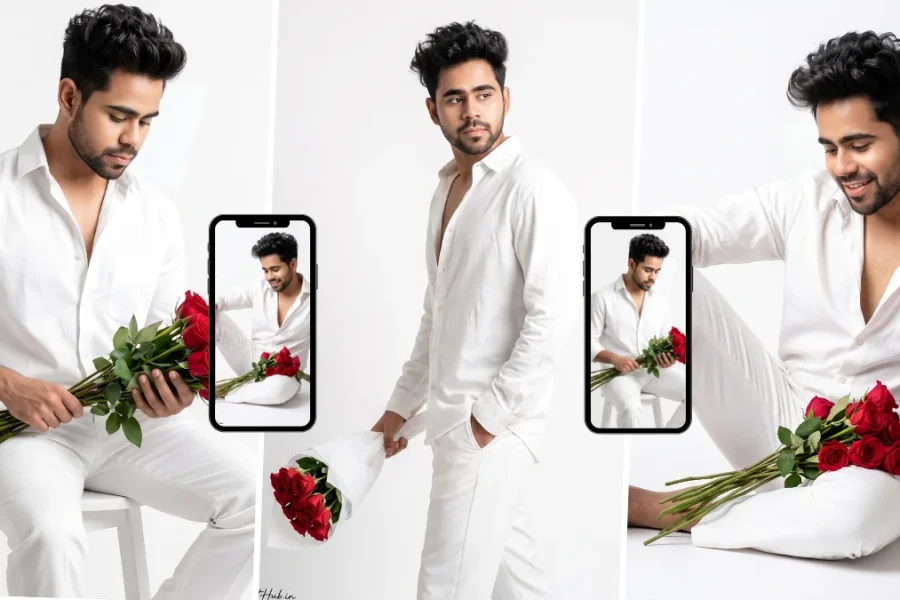 Stylish young man wearing a white outfit and holding a bouquet of red roses in a bright minimalist portrait