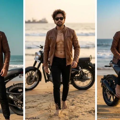 Three-panel image collage showing a rugged male model with curly hair, sunglasses, and a bare torso under an open brown leather jacket, walking barefoot and sitting on a motorcycle on a beach at sunset, created with an AI prompt.