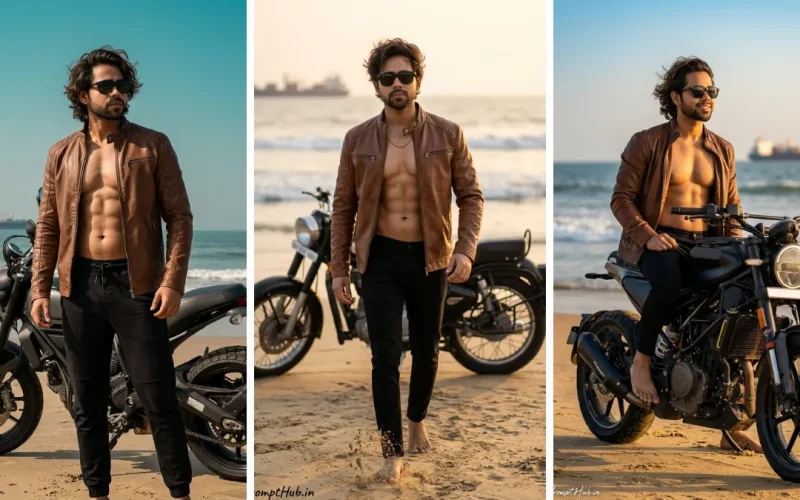 Three-panel image collage showing a rugged male model with curly hair, sunglasses, and a bare torso under an open brown leather jacket, walking barefoot and sitting on a motorcycle on a beach at sunset, created with an AI prompt.