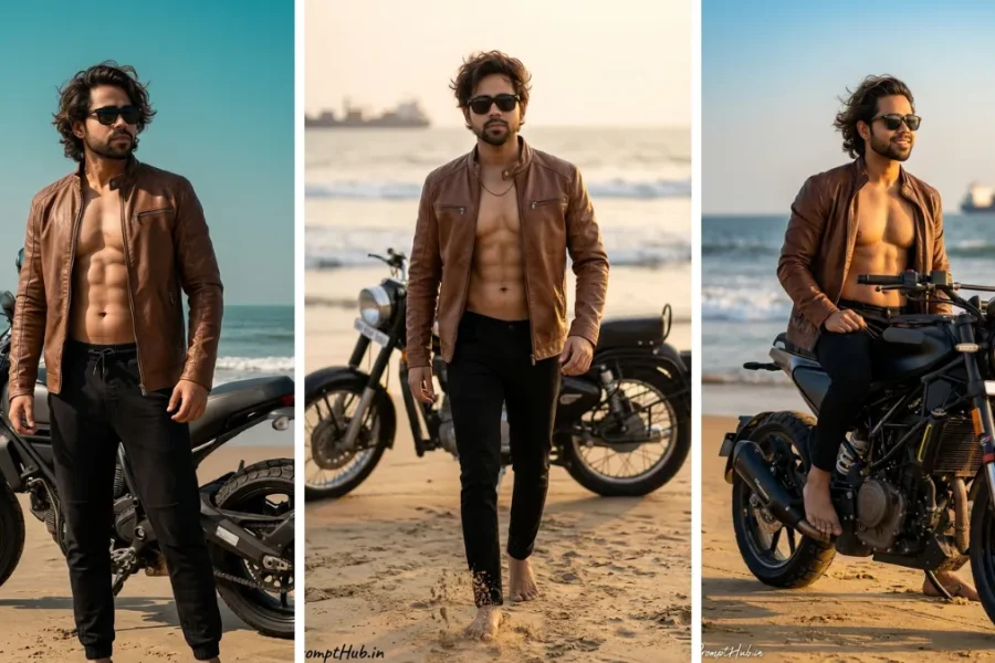Three-panel image collage showing a rugged male model with curly hair, sunglasses, and a bare torso under an open brown leather jacket, walking barefoot and sitting on a motorcycle on a beach at sunset, created with an AI prompt.