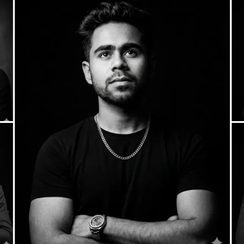 A five-panel cinematic collage featuring a young man with short curly hair in various professional and casual poses, including wearing a black t-shirt with a silver chain, a black blazer with a white shirt, a black shirt, and a turtleneck, all in black and white with high-contrast, dramatic studio lighting, illustrating realistic male portrait AI prompts on All AI Prompt Hub