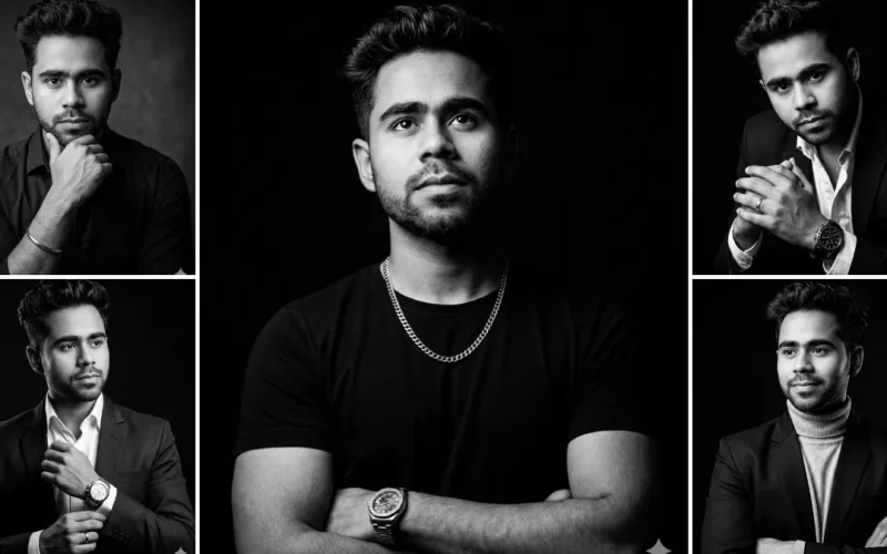 A five-panel cinematic collage featuring a young man with short curly hair in various professional and casual poses, including wearing a black t-shirt with a silver chain, a black blazer with a white shirt, a black shirt, and a turtleneck, all in black and white with high-contrast, dramatic studio lighting, illustrating realistic male portrait AI prompts on All AI Prompt Hub
