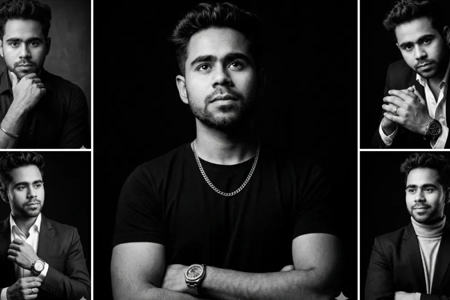 A five-panel cinematic collage featuring a young man with short curly hair in various professional and casual poses, including wearing a black t-shirt with a silver chain, a black blazer with a white shirt, a black shirt, and a turtleneck, all in black and white with high-contrast, dramatic studio lighting, illustrating realistic male portrait AI prompts on All AI Prompt Hub