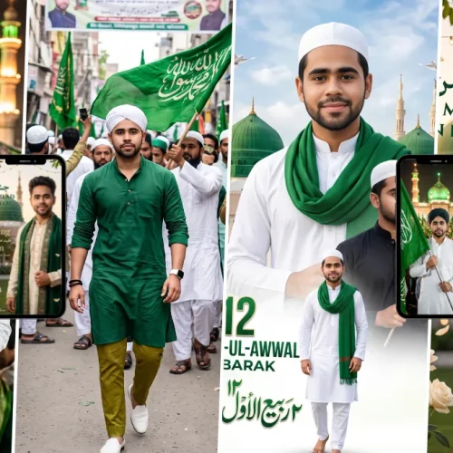 AI Milad-un-Nabi photo prompts featuring Islamic portraits, green flags and mosque backgrounds
