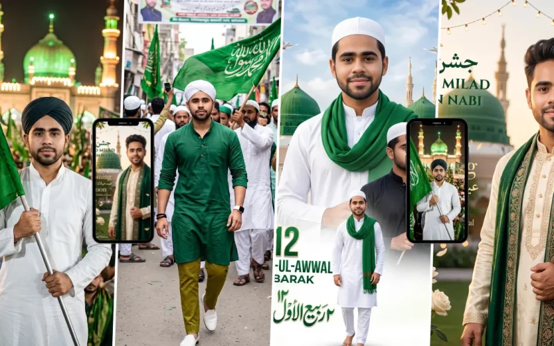 AI Milad-un-Nabi photo prompts featuring Islamic portraits, green flags and mosque backgrounds