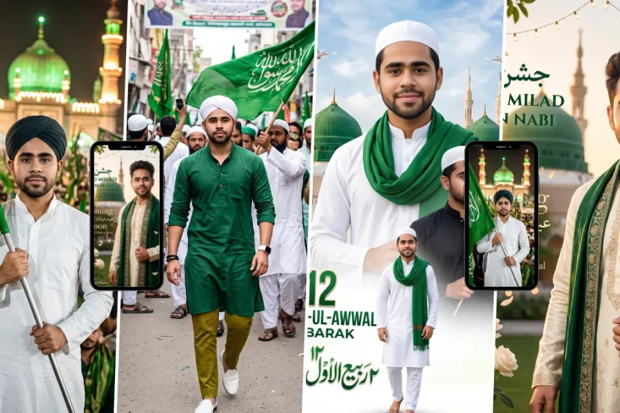 AI Milad-un-Nabi photo prompts featuring Islamic portraits, green flags and mosque backgrounds