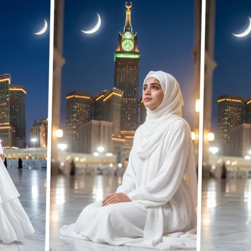 Beautiful Muslim girl in white hijab posing at Mecca clock tower with cinematic AI photo editing style.