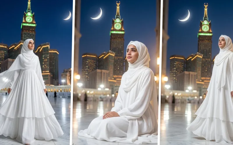 Beautiful Muslim girl in white hijab posing at Mecca clock tower with cinematic AI photo editing style.