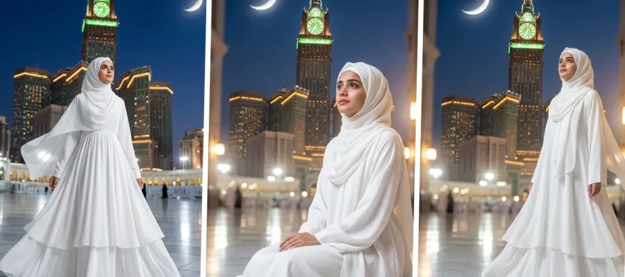 Beautiful Muslim girl in white hijab posing at Mecca clock tower with cinematic AI photo editing style.