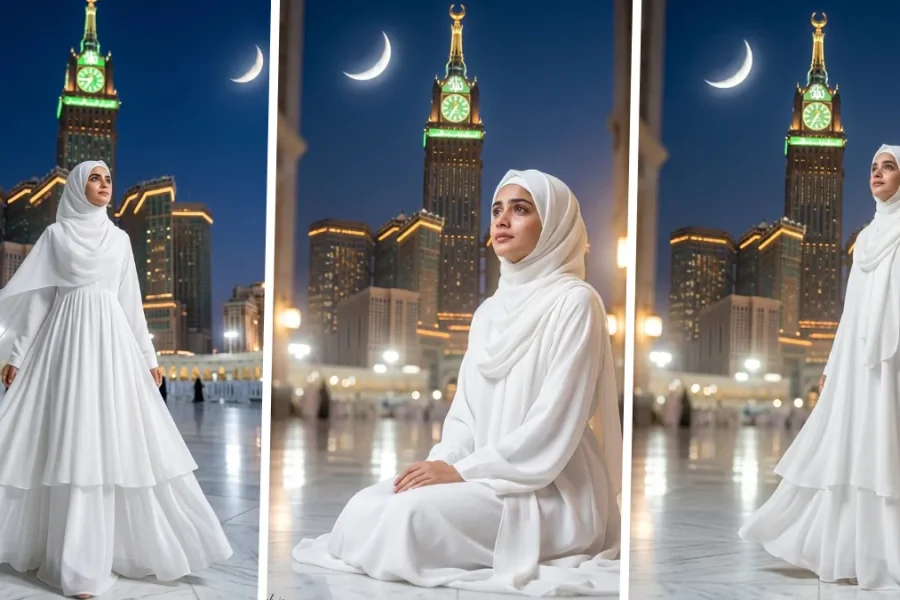 Beautiful Muslim girl in white hijab posing at Mecca clock tower with cinematic AI photo editing style.