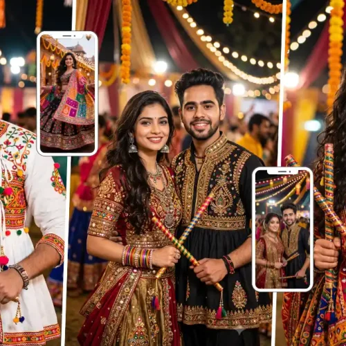 Young man, woman and couple wearing colorful traditional Gujarati outfits at a Navratri Garba celebration