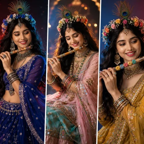 Traditional Indian girl in colorful lehenga playing flute with peacock feather crown in cinematic Radha Krishna inspired AI portrait