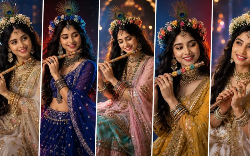 Traditional Indian girl in colorful lehenga playing flute with peacock feather crown in cinematic Radha Krishna inspired AI portrait