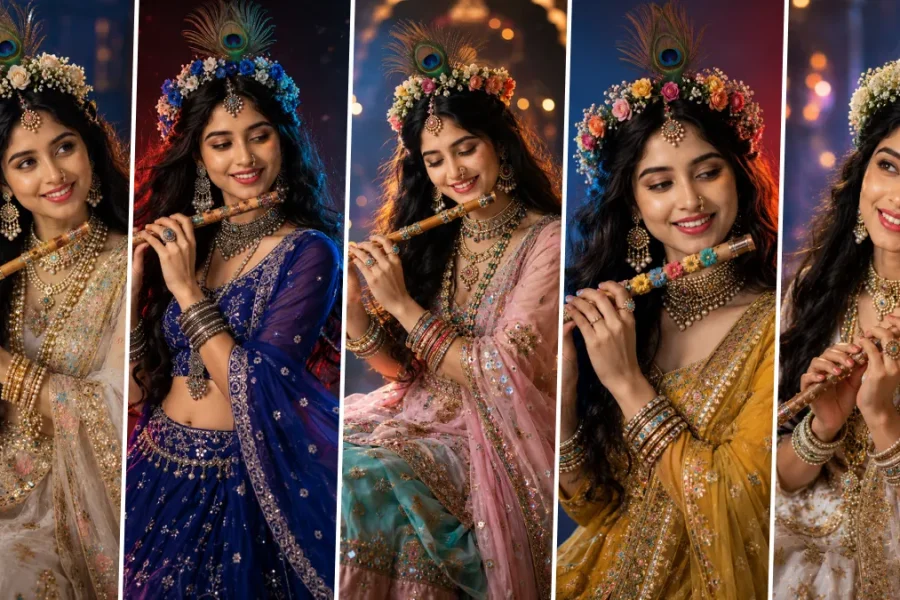 Traditional Indian girl in colorful lehenga playing flute with peacock feather crown in cinematic Radha Krishna inspired AI portrait