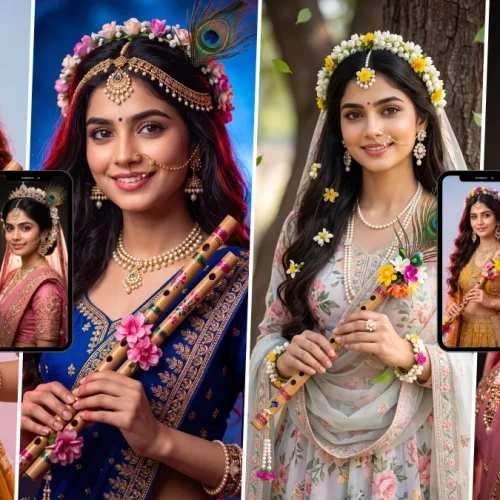 Radha Krishna inspired flute girl AI photo prompt with traditional Indian outfits and peacock feathers