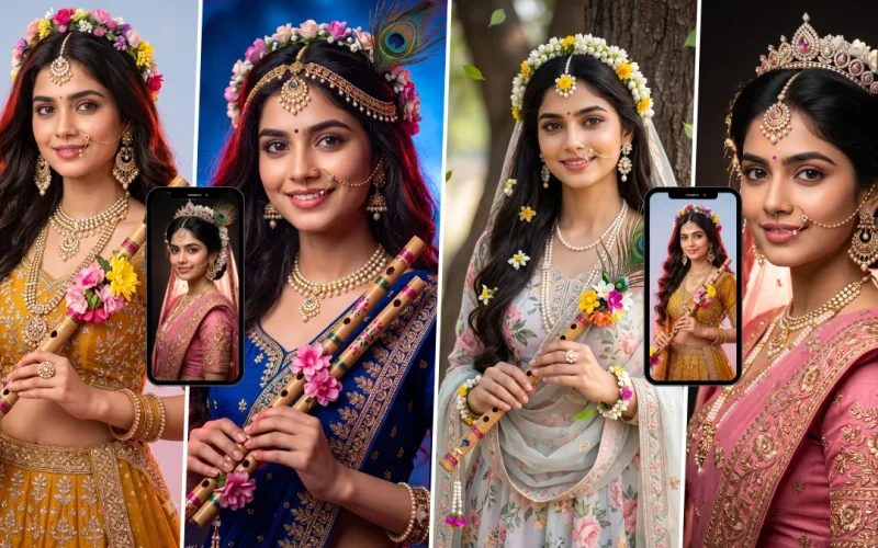 Radha Krishna inspired flute girl AI photo prompt with traditional Indian outfits and peacock feathers