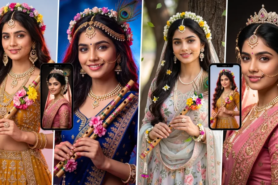 Radha Krishna inspired flute girl AI photo prompt with traditional Indian outfits and peacock feathers