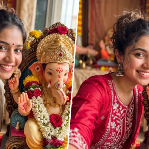 Young Indian woman taking a realistic selfie beside a decorated Lord Ganesha idol during Ganesh Chaturthi