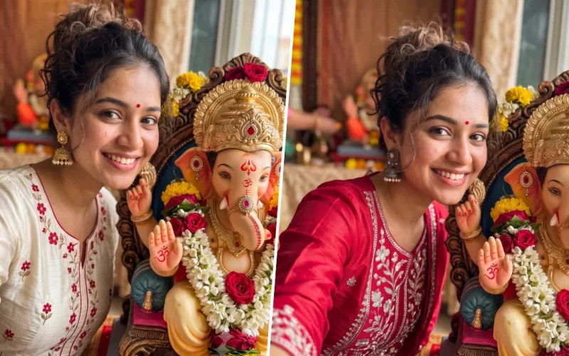 Young Indian woman taking a realistic selfie beside a decorated Lord Ganesha idol during Ganesh Chaturthi