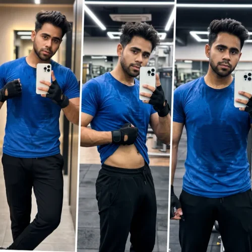 Young fitness model taking gym mirror selfies in blue workout t-shirt with cinematic lighting and realistic fitness photography style