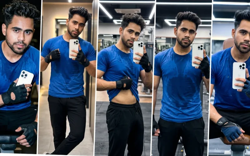 Young fitness model taking gym mirror selfies in blue workout t-shirt with cinematic lighting and realistic fitness photography style