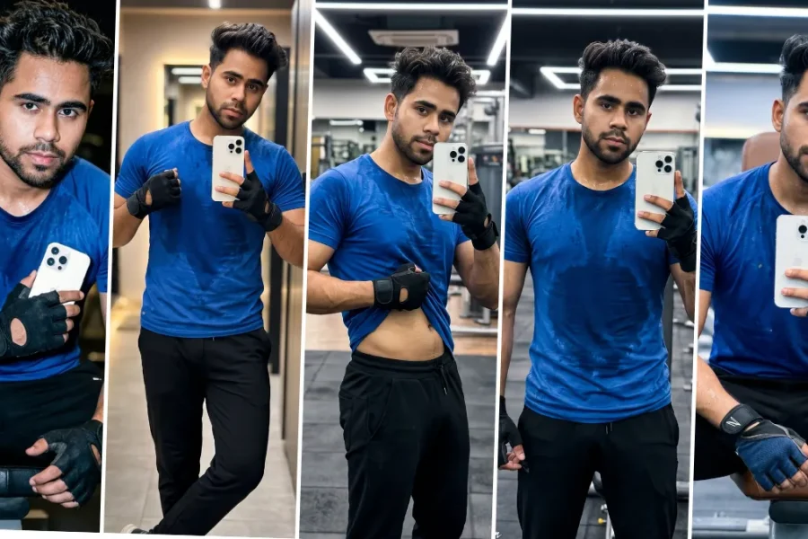 Young fitness model taking gym mirror selfies in blue workout t-shirt with cinematic lighting and realistic fitness photography style