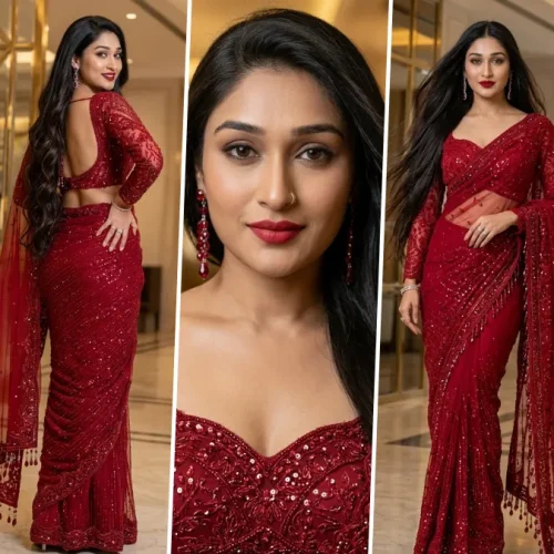 Ultra realistic AI generated Indian woman wearing a luxury red embroidered saree in an elegant indoor fashion photoshoot with cinematic lighting and professional portrait photography.